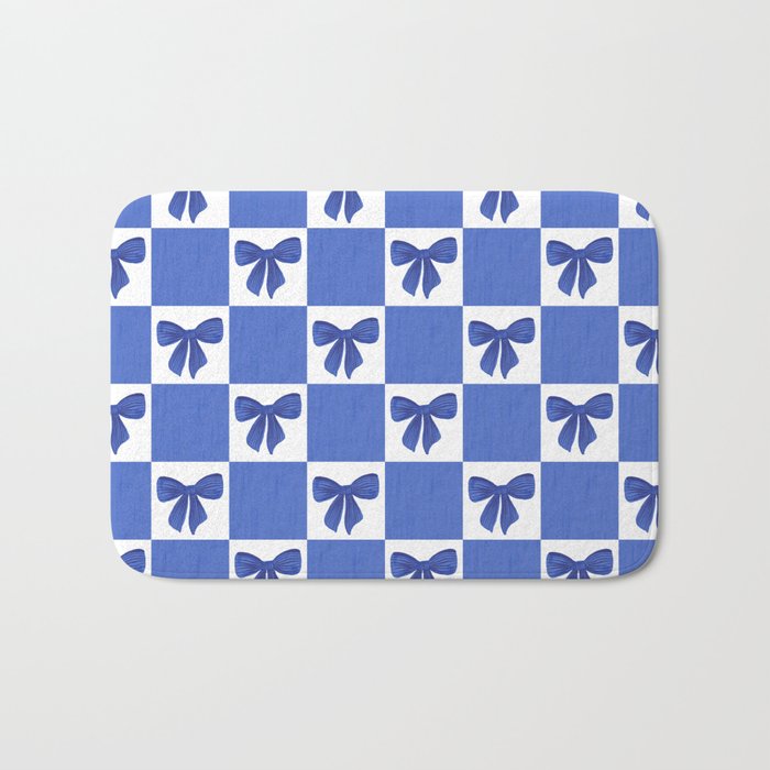 Elegant Blue Bow Checkerboard Pattern - Perfect for Winter and Holiday Themes Bath Mat Gallery Image 1