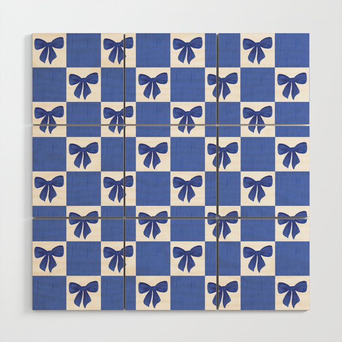Elegant Blue Bow Checkerboard Pattern - Perfect for Winter and Holiday Themes Wood Wall Art Gallery Image 1