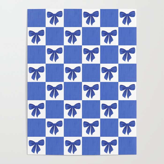 Elegant Blue Bow Checkerboard Pattern - Perfect for Winter and Holiday Themes Poster Gallery Image 1
