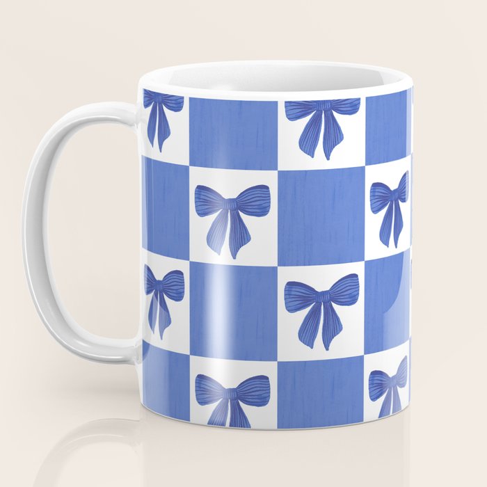 Elegant Blue Bow Checkerboard Pattern - Perfect for Winter and Holiday Themes Coffee Mug Gallery Image 3
