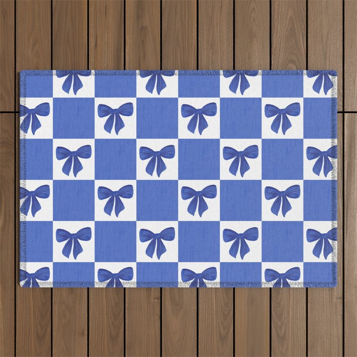 Elegant Blue Bow Checkerboard Pattern - Perfect for Winter and Holiday Themes Outdoor Rug Gallery Image 1