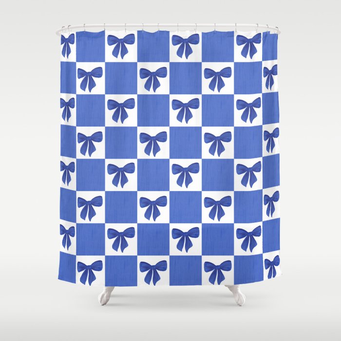 Elegant Blue Bow Checkerboard Pattern - Perfect for Winter and Holiday Themes Shower Curtain Gallery Image 1