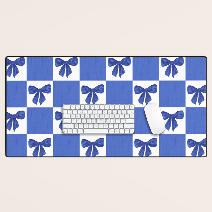 Elegant Blue Bow Checkerboard Pattern - Perfect for Winter and Holiday Themes Desk Mat Gallery Image 1