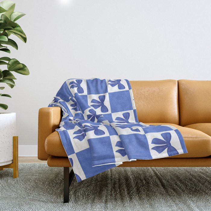Elegant Blue Bow Checkerboard Pattern - Perfect for Winter and Holiday Themes Throw Blanket Gallery Image 1