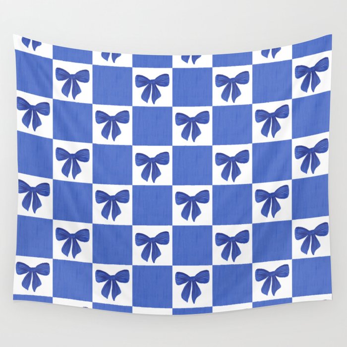 Elegant Blue Bow Checkerboard Pattern - Perfect for Winter and Holiday Themes Wall Tapestry Gallery Image 1