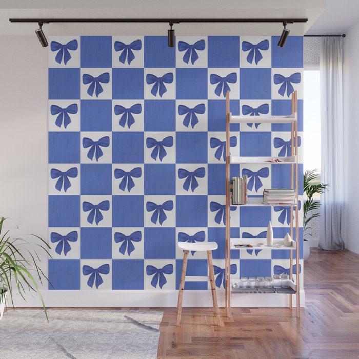 Elegant Blue Bow Checkerboard Pattern - Perfect for Winter and Holiday Themes Wall Mural Gallery Image 1