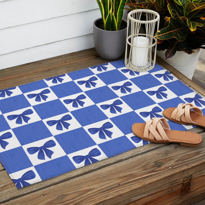 Elegant Blue Bow Checkerboard Pattern - Perfect for Winter and Holiday Themes Outdoor Rug Gallery Image 2