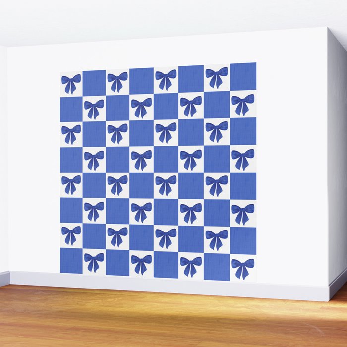 Elegant Blue Bow Checkerboard Pattern - Perfect for Winter and Holiday Themes Wall Mural Gallery Image 2