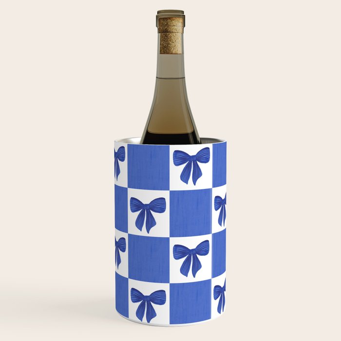 Elegant Blue Bow Checkerboard Pattern - Perfect for Winter and Holiday Themes Wine Chiller Gallery Image 1