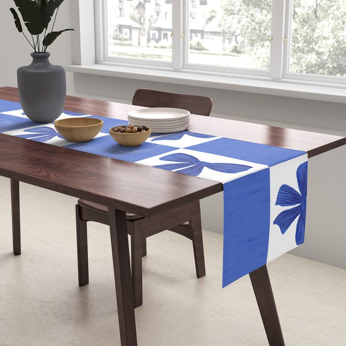 Elegant Blue Bow Checkerboard Pattern - Perfect for Winter and Holiday Themes Table Runner Gallery Image 2