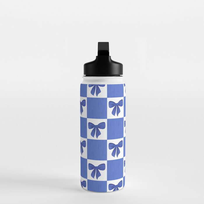 Elegant Blue Bow Checkerboard Pattern - Perfect for Winter and Holiday Themes Water Bottle Gallery Image 3
