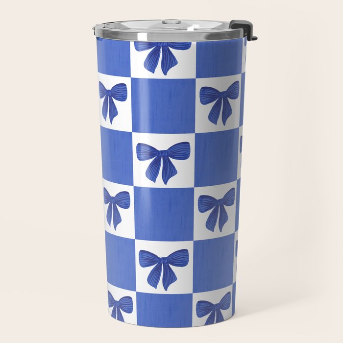 Elegant Blue Bow Checkerboard Pattern - Perfect for Winter and Holiday Themes Travel Mug Gallery Image 2