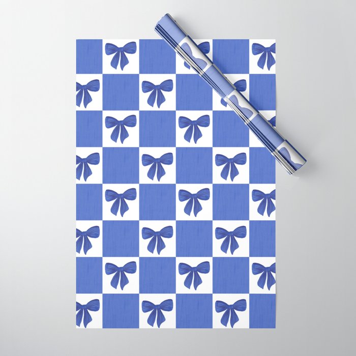 Elegant Blue Bow Checkerboard Pattern - Perfect for Winter and Holiday Themes Wrapping Paper Gallery Image 1