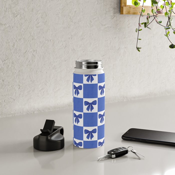 Elegant Blue Bow Checkerboard Pattern - Perfect for Winter and Holiday Themes Water Bottle Gallery Image 4