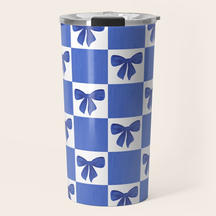 Elegant Blue Bow Checkerboard Pattern - Perfect for Winter and Holiday Themes Travel Mug Gallery Image 1