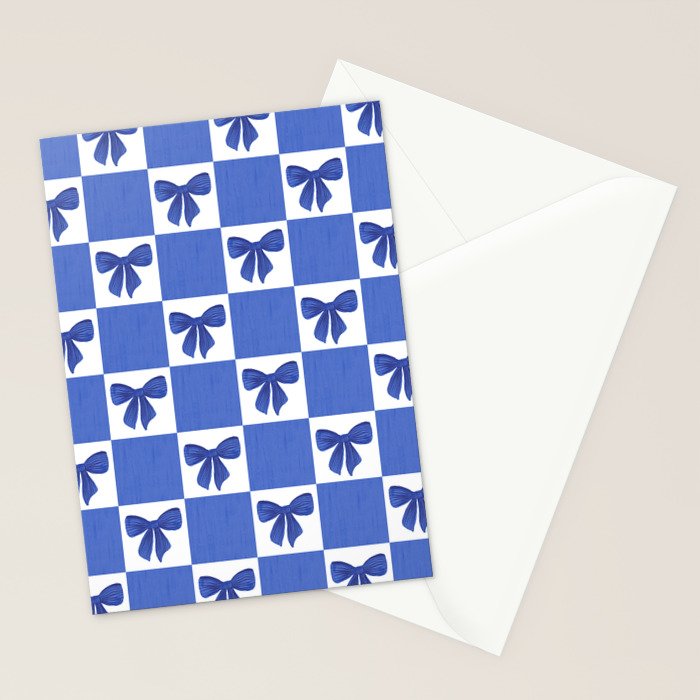 Elegant Blue Bow Checkerboard Pattern - Perfect for Winter and Holiday Themes Stationery Card Gallery Image 2