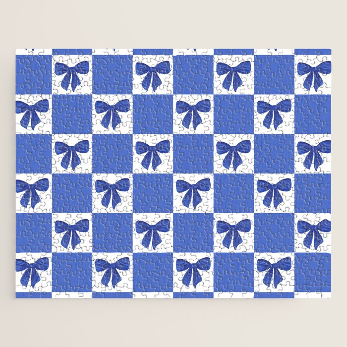 Elegant Blue Bow Checkerboard Pattern - Perfect for Winter and Holiday Themes Jigsaw Puzzle Gallery Image 1