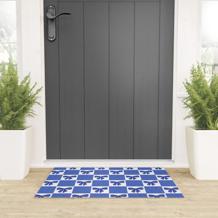 Elegant Blue Bow Checkerboard Pattern - Perfect for Winter and Holiday Themes Welcome Mat Gallery Image 3