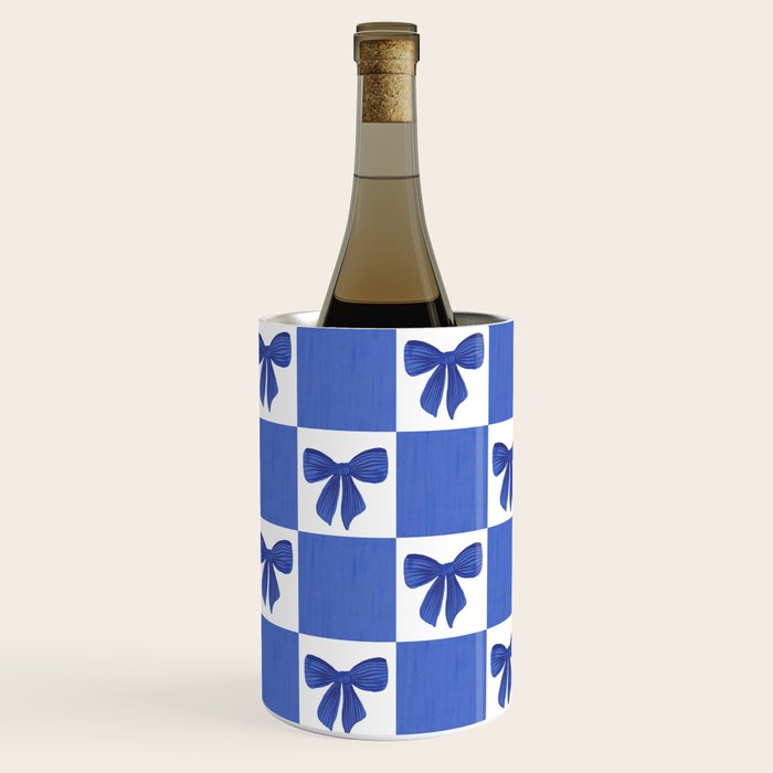 Elegant Blue Bow Checkerboard Pattern - Perfect for Winter and Holiday Themes Wine Chiller Gallery Image 2