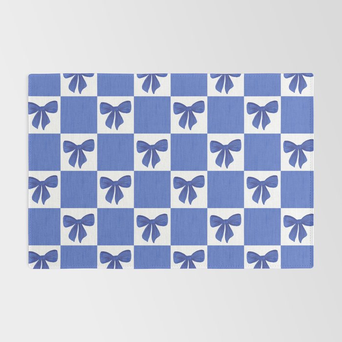 Elegant Blue Bow Checkerboard Pattern - Perfect for Winter and Holiday Themes Rug Gallery Image 2