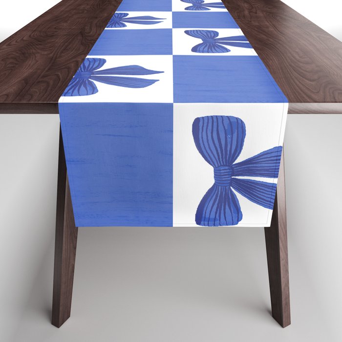 Elegant Blue Bow Checkerboard Pattern - Perfect for Winter and Holiday Themes Table Runner Gallery Image 1