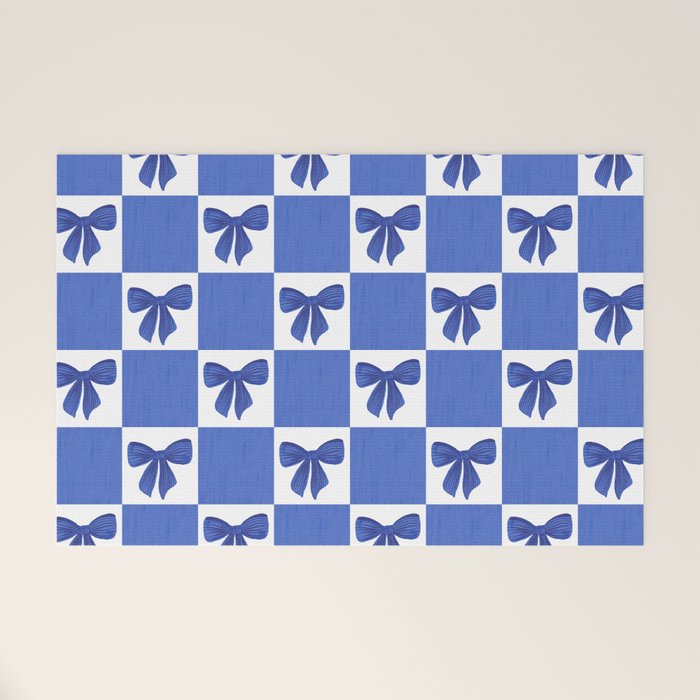 Elegant Blue Bow Checkerboard Pattern - Perfect for Winter and Holiday Themes Welcome Mat Gallery Image 1