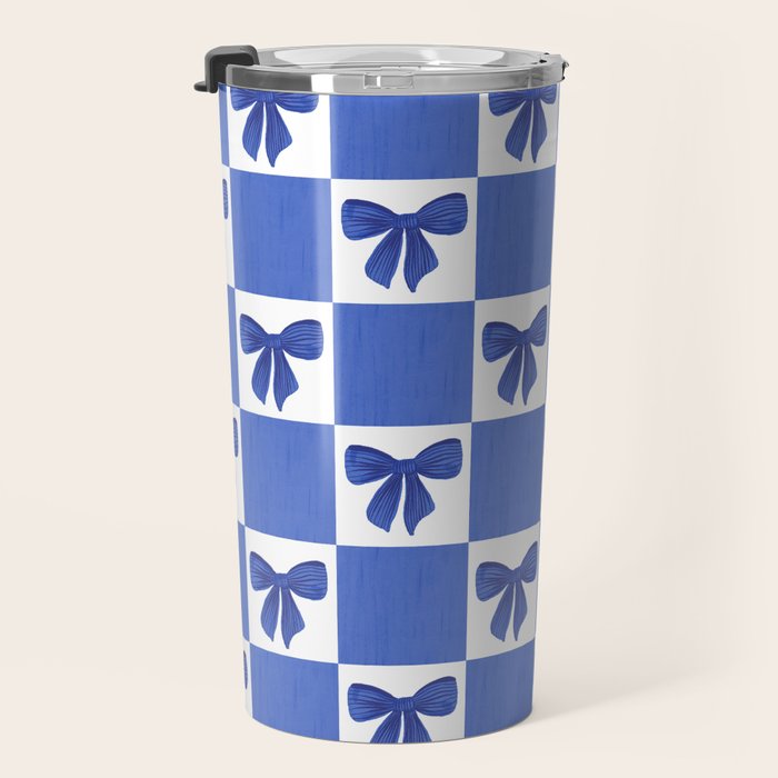 Elegant Blue Bow Checkerboard Pattern - Perfect for Winter and Holiday Themes Travel Mug Gallery Image 3