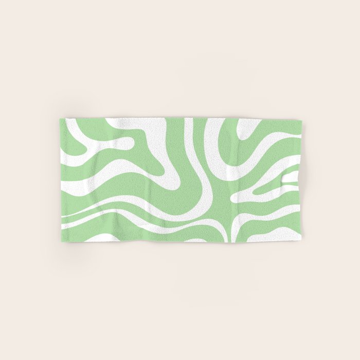 Modern Retro Liquid Swirl Abstract Pattern in Light Matcha Tea Green and White Bath Towel Gallery Image 1