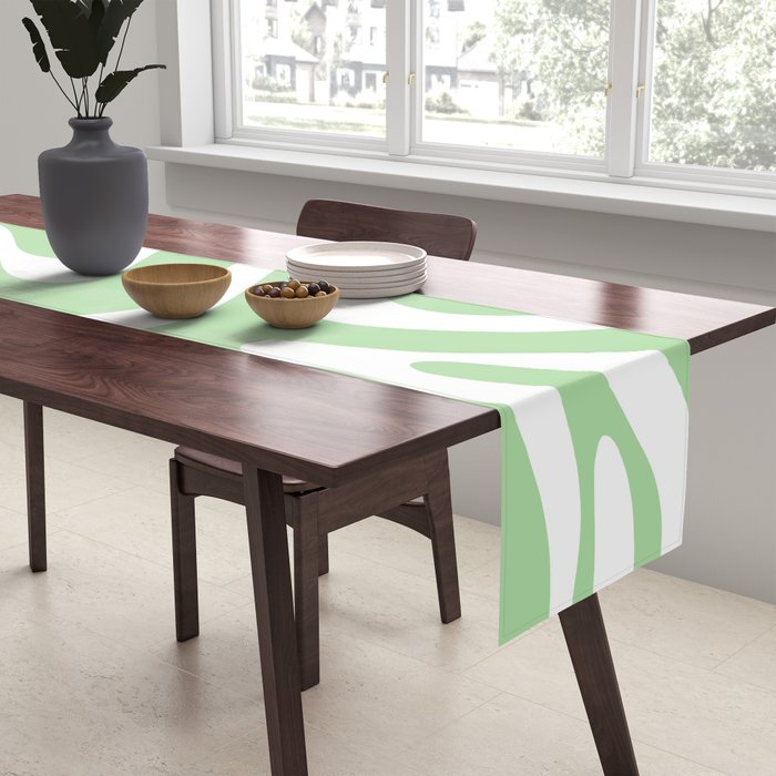 Modern Retro Liquid Swirl Abstract Pattern in Light Matcha Tea Green and White Table Runner Gallery Image 2
