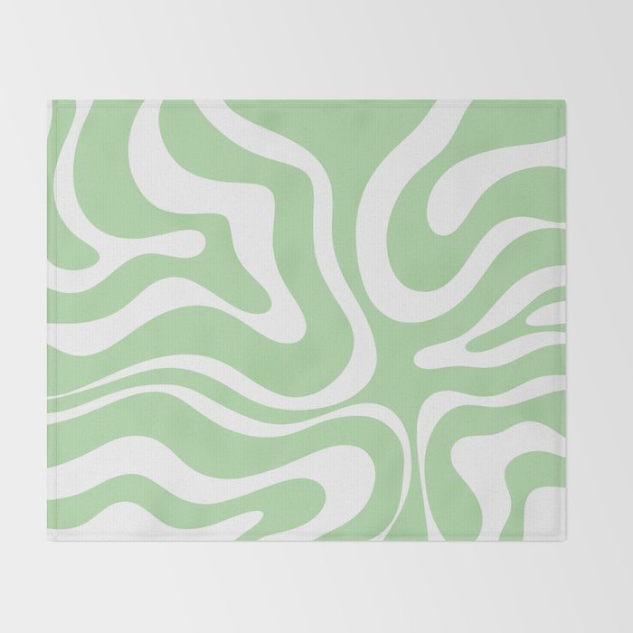 Modern Retro Liquid Swirl Abstract Pattern in Light Matcha Tea Green and White Throw Blanket Gallery Image 2