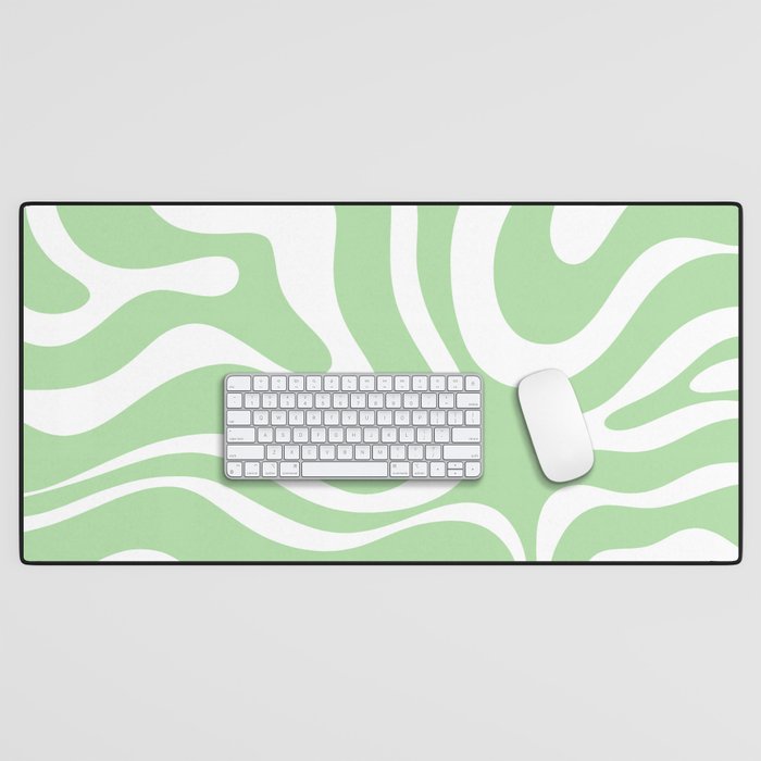 Modern Retro Liquid Swirl Abstract Pattern in Light Matcha Tea Green and White Desk Mat Gallery Image 1