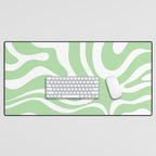 Modern Retro Liquid Swirl Abstract Pattern in Light Matcha Tea Green and White Desk Mat Gallery Image 1