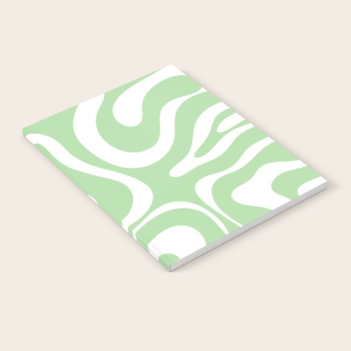 Modern Retro Liquid Swirl Abstract Pattern in Light Matcha Tea Green and White Notebook Gallery Image 2