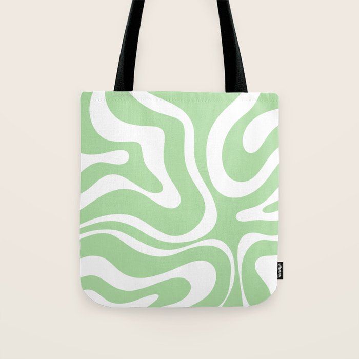 Modern Retro Liquid Swirl Abstract Pattern in Light Matcha Tea Green and White Tote Bag Gallery Image 1