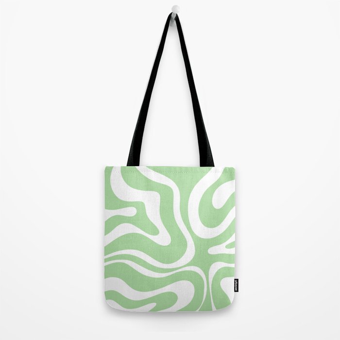 Modern Retro Liquid Swirl Abstract Pattern in Light Matcha Tea Green and White Tote Bag Gallery Image 2