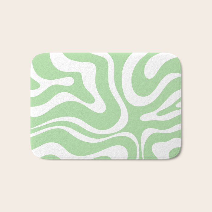 Modern Retro Liquid Swirl Abstract Pattern in Light Matcha Tea Green and White Bath Mat Gallery Image 1