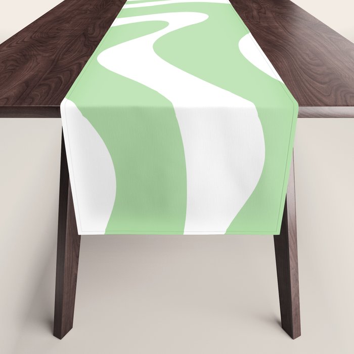 Modern Retro Liquid Swirl Abstract Pattern in Light Matcha Tea Green and White Table Runner Gallery Image 1
