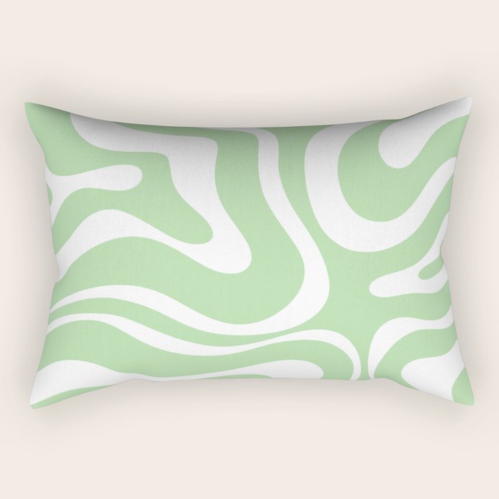 Modern Retro Liquid Swirl Abstract Pattern in Light Matcha Tea Green and White Rectangular Pillow Gallery Image 1
