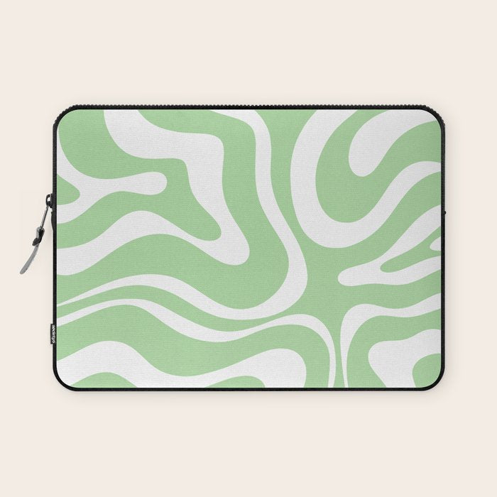 Modern Retro Liquid Swirl Abstract Pattern in Light Matcha Tea Green and White Laptop Sleeve Gallery Image 1