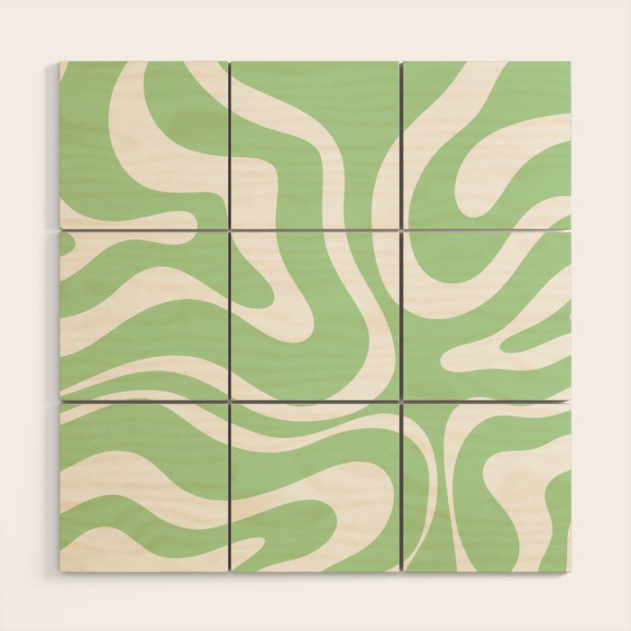 Modern Retro Liquid Swirl Abstract Pattern in Light Matcha Tea Green and White Wood Wall Art Gallery Image 1