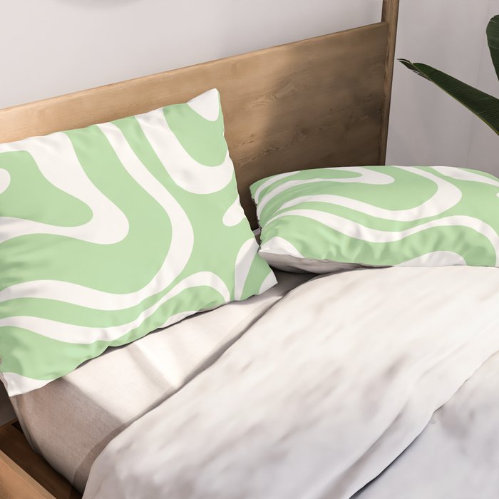Modern Retro Liquid Swirl Abstract Pattern in Light Matcha Tea Green and White Pillow Sham Gallery Image 2