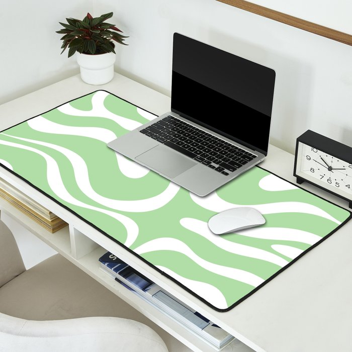 Modern Retro Liquid Swirl Abstract Pattern in Light Matcha Tea Green and White Desk Mat Gallery Image 2