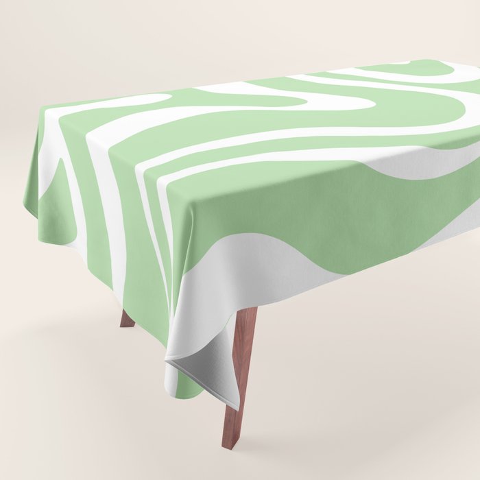 Modern Retro Liquid Swirl Abstract Pattern in Light Matcha Tea Green and White Tablecloth Gallery Image 1