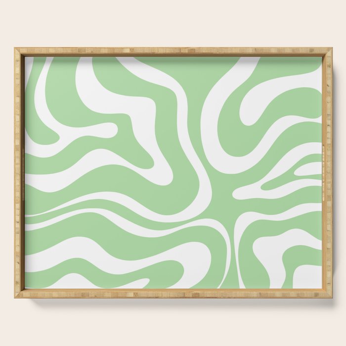 Modern Retro Liquid Swirl Abstract Pattern in Light Matcha Tea Green and White Serving Tray Gallery Image 1