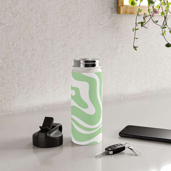Modern Retro Liquid Swirl Abstract Pattern in Light Matcha Tea Green and White Water Bottle Gallery Image 4