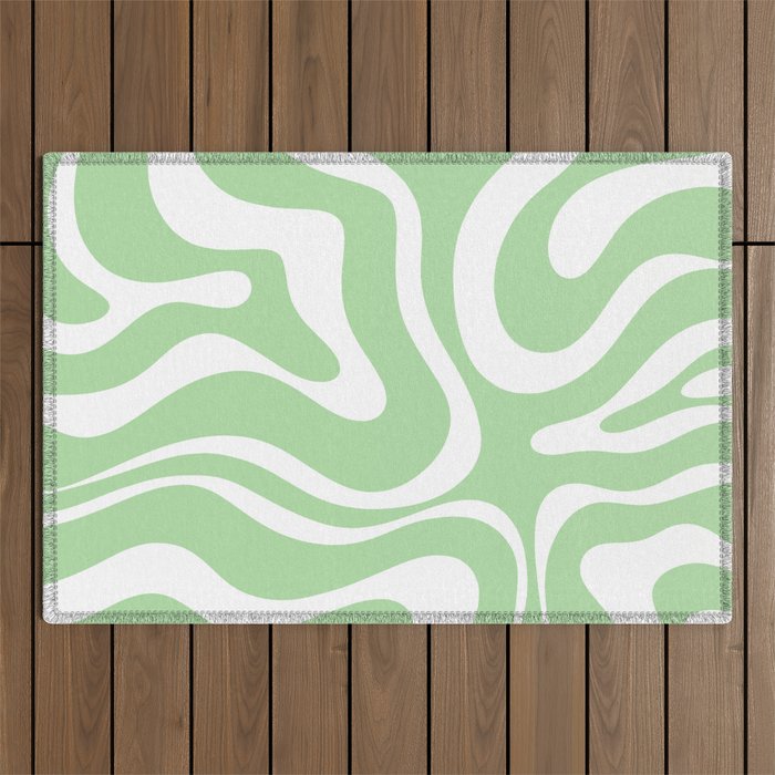 Modern Retro Liquid Swirl Abstract Pattern in Light Matcha Tea Green and White Outdoor Rug Gallery Image 1