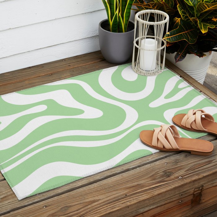 Modern Retro Liquid Swirl Abstract Pattern in Light Matcha Tea Green and White Outdoor Rug Gallery Image 2