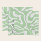 Modern Retro Liquid Swirl Abstract Pattern in Light Matcha Tea Green and White Placemat Gallery Image 1