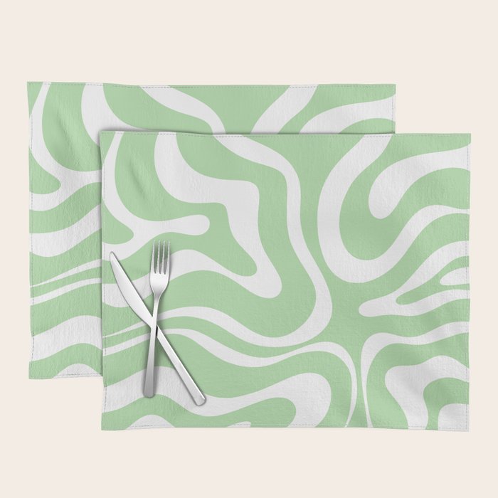 Modern Retro Liquid Swirl Abstract Pattern in Light Matcha Tea Green and White Placemat Gallery Image 1