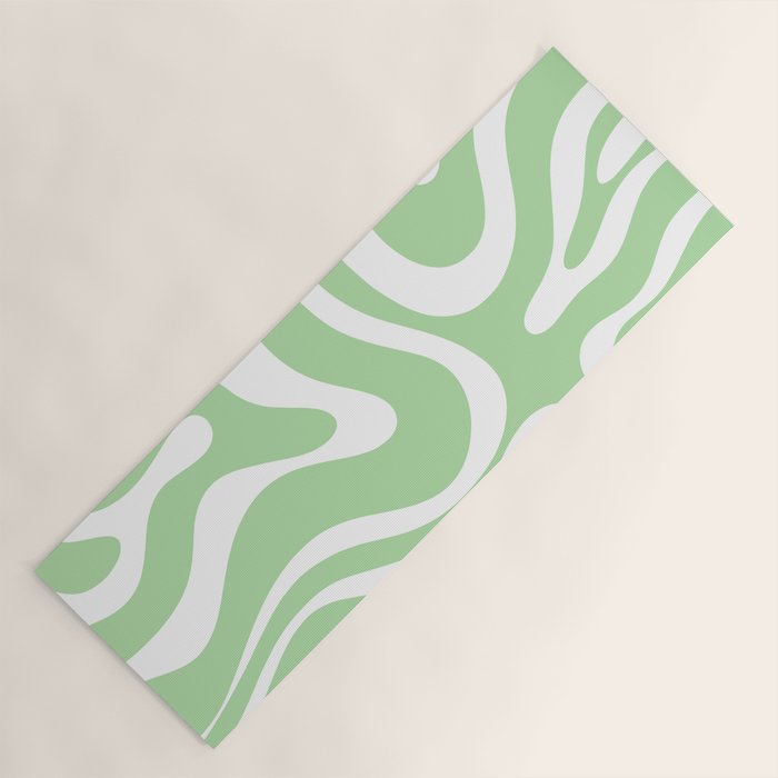 Modern Retro Liquid Swirl Abstract Pattern in Light Matcha Tea Green and White Yoga Mat Gallery Image 1